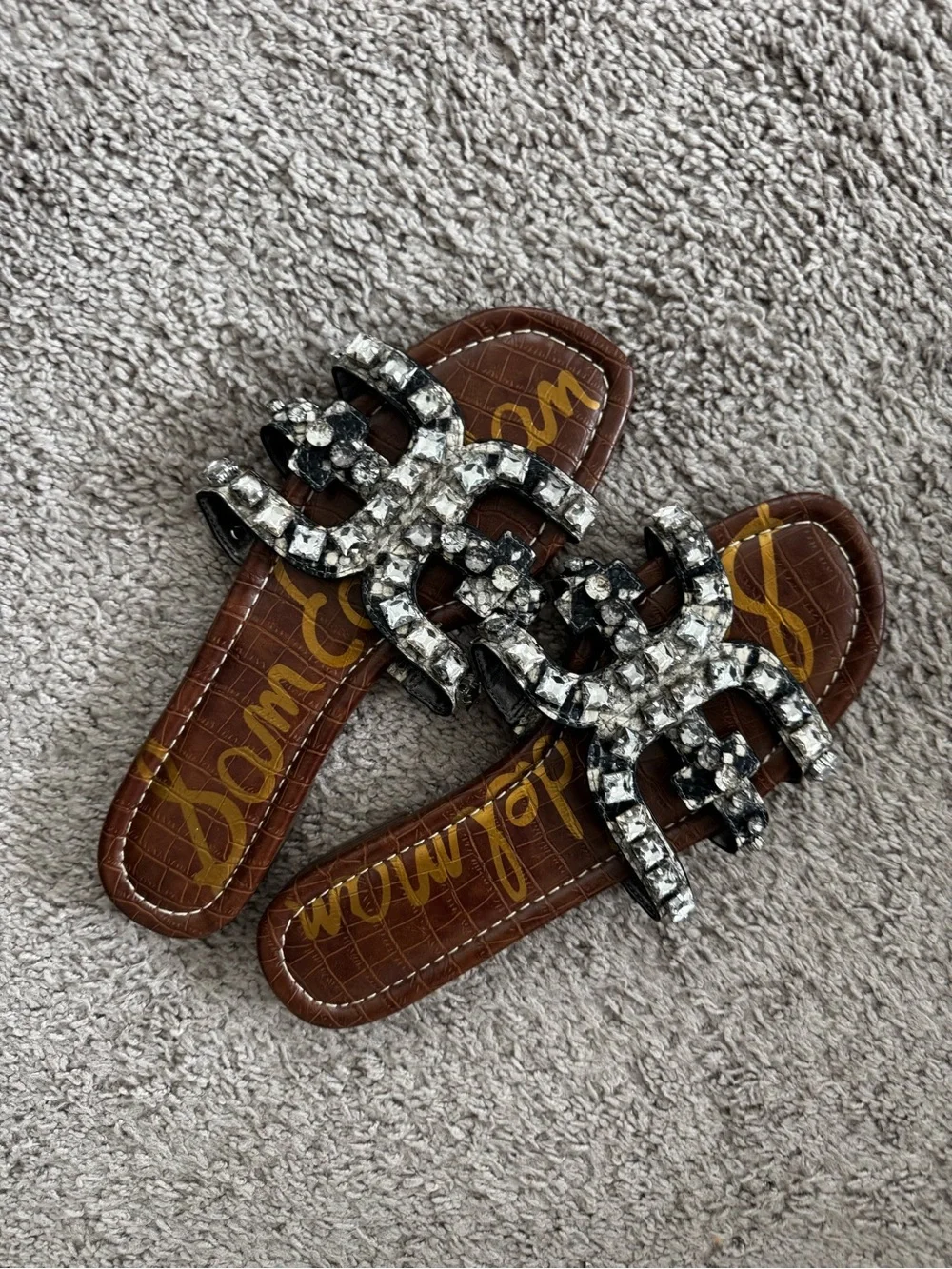 Sam Edelman Brown Croc-Embossed Slides with Crystal Chain Detail
